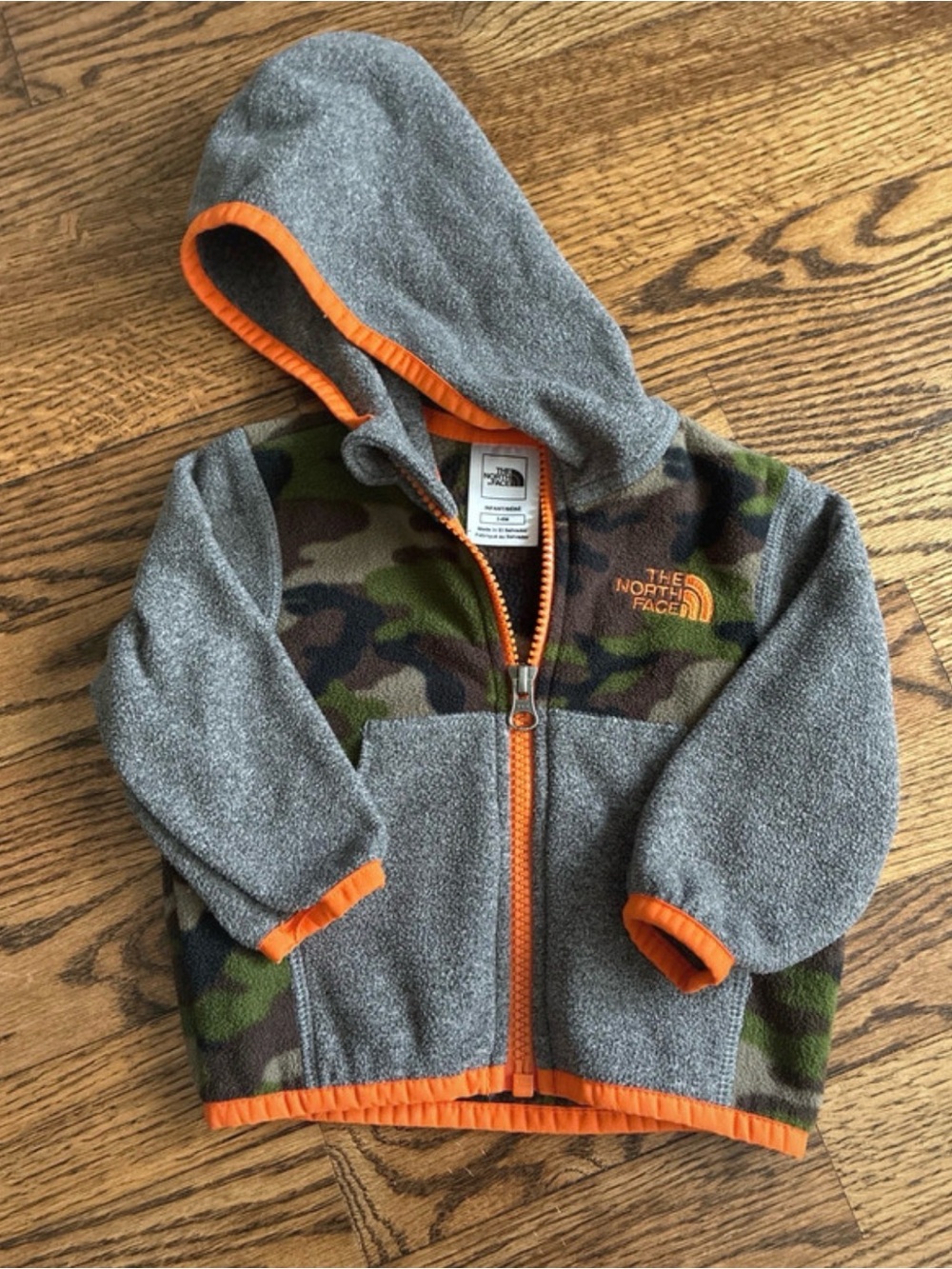 The North Face 3-6M Hooded zip up - Gray with Camo & Orange Trim